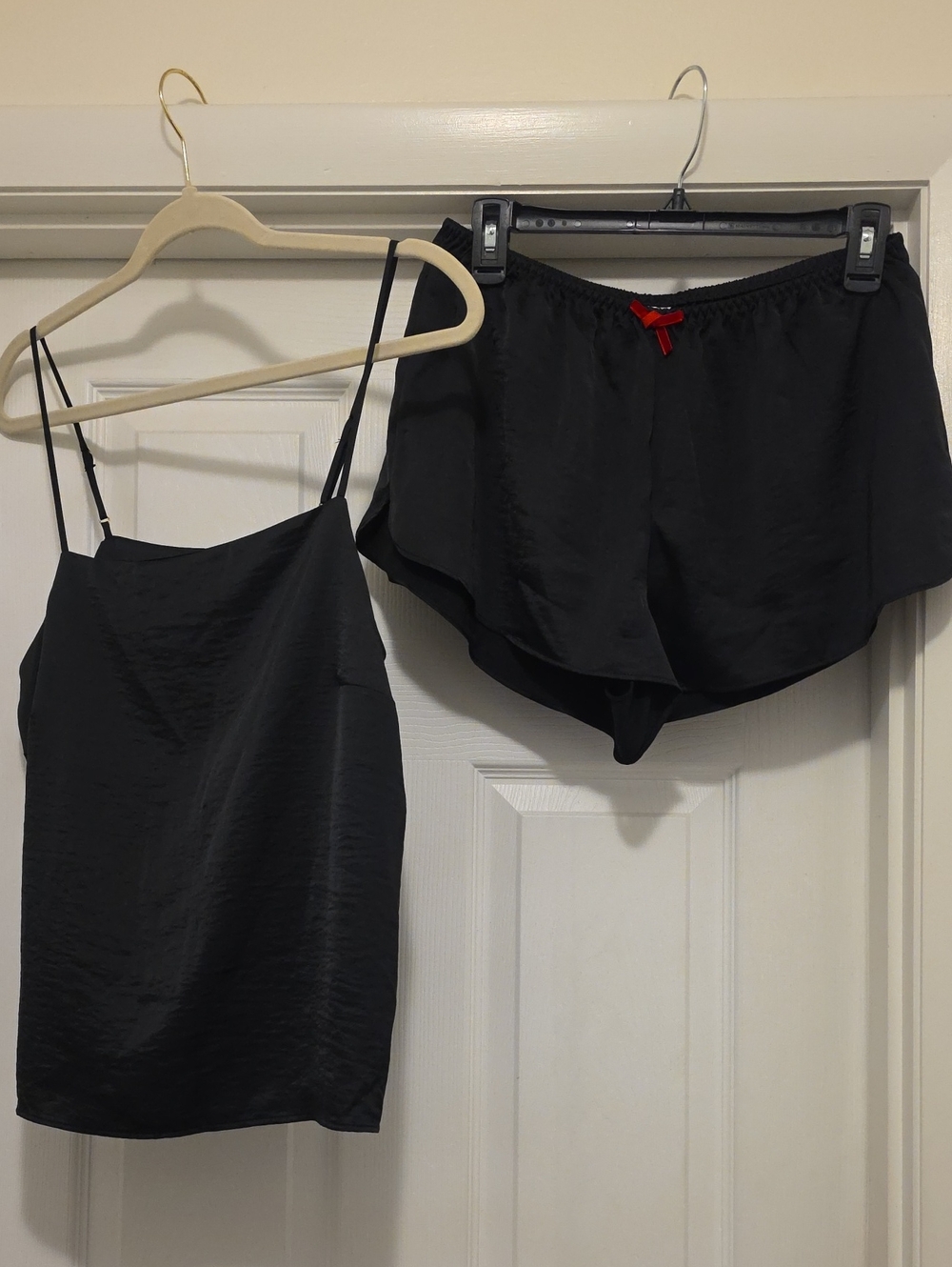 Auden Black Satin Camisole & Shorts Sleep Set with Red Bow